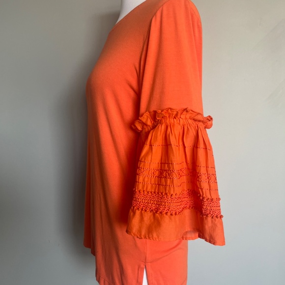 KOBI HALPERIN Embroidered Ruffle Flutter Bell Sleeve Jersey Top Blouse Tangerine - Picture 9 of 16